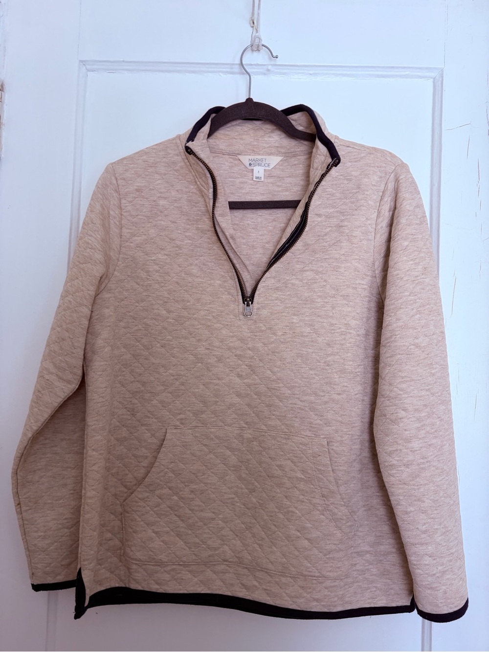 Market & Spruce Women's Quilted Half-Zip Pullover - Light Beige with Dark Trim
